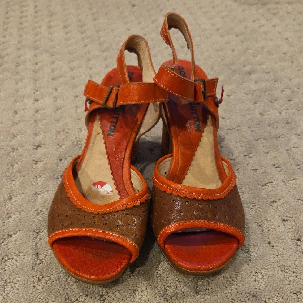 Red and Brown Chunky Heeled Sandals with Ankle Straps - Picture 2 of 8